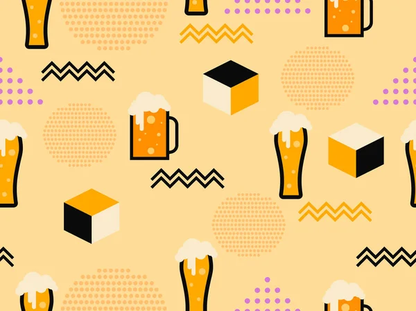 Glas van bier naadloze patroon in 80s Memphis stijl. Alcohol partij. Vector illustratie — Stockvector