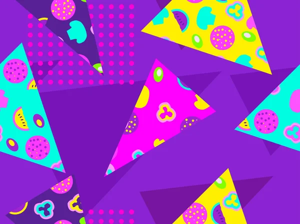 Pizza pop art elemanları ile zine kültür tarzı nda dikişsiz desen dilimleri. Düz 3d tasarım. Vektör çizimi