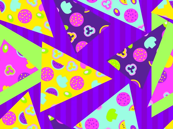 Pizza pop art elemanları ile zine kültür tarzı nda dikişsiz desen dilimleri. Düz 3d tasarım. Vektör çizimi