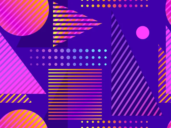 Geometrik şekiller ve çizgiler ile dikişsiz desen. Renkli sıvı degradesi. 80'lerin Memphis tarzı. Vektör çizimi