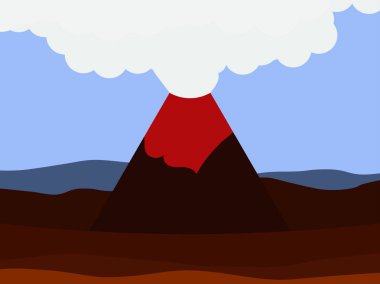 Yanardağ patlaması düz tarzı, manzara. Felaket. Lavdağdan çıkıyor. Vektör çizimi