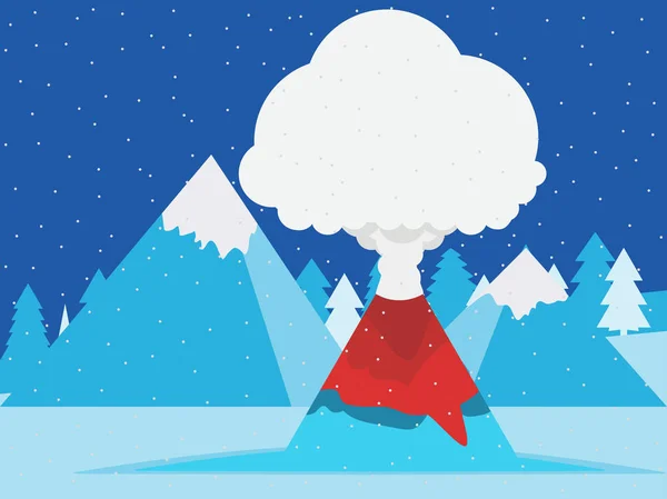 Vulkanutbrott vinter bergslandskap med snöiga toppar. Design i en platt stil. Vektor illustration — Stock vektor
