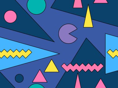 80 'li yıllarda geometrik şekilli kusursuz Memphis deseni. Promosyon malzemeleri, ambalaj kağıdı ve tipografi için renkli bir arkaplan. Vektör illüstrasyonu