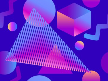 Memphis tarzında gradyan şekilleri olan geometrik, pürüzsüz desen. 80 'lerin tarzı. Sentetik dalga, gelecekçilik geçmişi. Geri dalga. Vektör illüstrasyonu