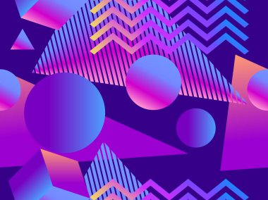 Memphis tarzında gradyan şekilleri olan geometrik, pürüzsüz desen. 80 'lerin tarzı. Sentetik dalga, gelecekçilik geçmişi. Geri dalga. Vektör illüstrasyonu