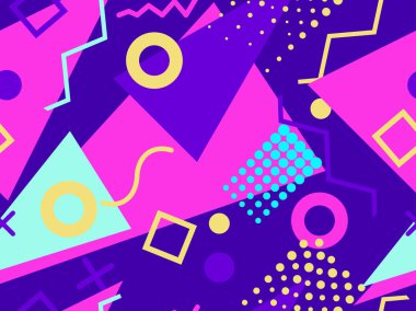 Memphis kusursuz desen. 80 'lerin tarzında kaotik geometrik şekiller. Promosyon ürünleri, ambalaj kağıdı ve baskı için. Vektör illüstrasyonu