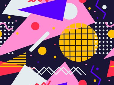 Memphis kusursuz desen. 80 'lerin tarzında kaotik geometrik şekiller. Promosyon ürünleri, ambalaj kağıdı ve baskı için. Vektör illüstrasyonu