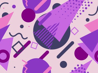 Memphis kusursuz desen. 80 'lerin tarzında kaotik geometrik şekiller. Promosyon ürünleri, ambalaj kağıdı ve baskı için. Vektör illüstrasyonu