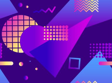 Memphis kusursuz desen. 80 'lerin tarzında gradyan şekiller. Fütürizm. Geri dalga. Promosyon ürünleri, ambalaj kağıdı ve baskı. Vektör illüstrasyonu