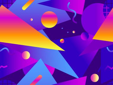 Memphis kusursuz desen. 80 'lerin tarzında gradyan şekiller. Fütürizm. Geri dalga. Promosyon ürünleri, ambalaj kağıdı ve baskı. Vektör illüstrasyonu