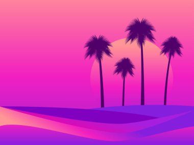 Günbatımının arka planında palmiye ağaçları olan tropik bir manzara. 80 'lerin tarzında renkli gradyanlar. Geçmişe dönük fütüristik. Reklam, poster ve afiş için arka plan. Vektör illüstrasyonu