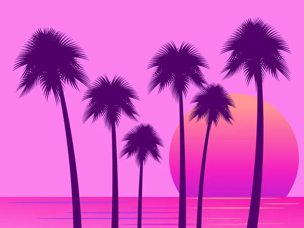 80年代的复古科幻棕榈树在日落 带棕榈树的复古的未来主义太阳 夏天的时候合成波和逆波风格 矢量说明 — 图库矢量图片