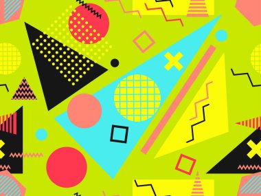 80 'lerin tarzında geometrik şekilli kusursuz Memphis deseni. 80 'ler promosyon ürünleri, ambalaj kağıdı ve baskı için renkli bir arkaplan basıyor. Vektör illüstrasyonu