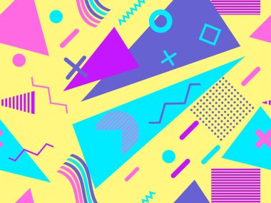 80 'lerin tarzında geometrik şekilli kusursuz Memphis deseni. 80 'ler promosyon ürünleri, ambalaj kağıdı ve baskı için renkli bir arkaplan basıyor. Vektör illüstrasyonu