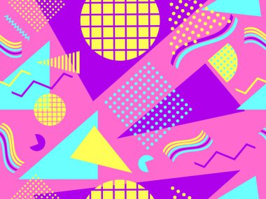 80 'lerin tarzında geometrik şekilli kusursuz Memphis deseni. 80 'ler promosyon ürünleri, ambalaj kağıdı ve baskı için renkli bir arkaplan basıyor. Vektör illüstrasyonu