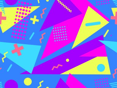 80 'lerin tarzında geometrik şekilli kusursuz Memphis deseni. 80 'ler promosyon ürünleri, ambalaj kağıdı ve baskı için renkli bir arkaplan basıyor. Vektör illüstrasyonu