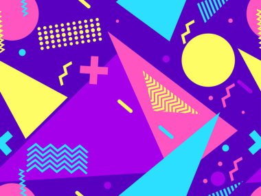 80 'lerin tarzında geometrik şekilli kusursuz Memphis deseni. 80 'ler promosyon ürünleri, ambalaj kağıdı ve baskı için renkli bir arkaplan basıyor. Vektör illüstrasyonu