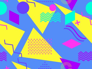 80 'lerin tarzında geometrik şekilli kusursuz Memphis deseni. 80 'ler promosyon ürünleri, ambalaj kağıdı ve baskı için renkli bir arkaplan basıyor. Vektör illüstrasyonu