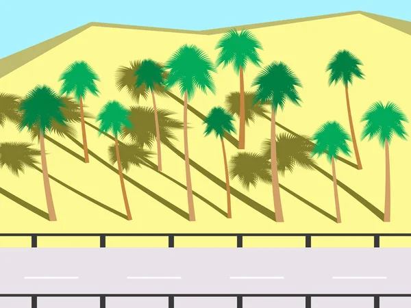 Вид Сбоку Дорогу Пальмы Пальмы Песках Вдоль Дороги Типографический Фон — стоковый вектор