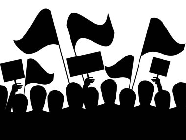İnsanlar protesto ediyor, beyaz arka planda bayrakları olan siyah insanlar. Toplu sokak protestoları. Vektör illüstrasyonu