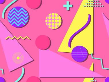 80 'li ve 90' lı yıllarda geometrik şekiller ve memphis elementleriyle kusursuz bir model. Promosyon ürünleri, ambalaj kâğıdı ve baskı için renkli arka plan. Vektör illüstrasyonu