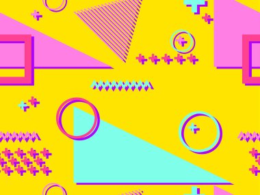 80 'li ve 90' lı yıllarda geometrik şekiller ve memphis elementleriyle kusursuz bir model. Promosyon ürünleri, ambalaj kâğıdı ve baskı için renkli arka plan. Vektör illüstrasyonu