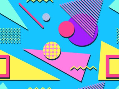 80 'li ve 90' lı yıllarda geometrik şekiller ve memphis elementleriyle kusursuz bir model. Promosyon ürünleri, ambalaj kâğıdı ve baskı için renkli arka plan. Vektör illüstrasyonu