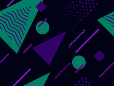 80 'lerin tarzında geometrik şekilli kusursuz Memphis deseni. 80 'ler promosyon ürünleri, ambalaj kağıdı ve baskı için renkli bir arkaplan basıyor. Vektör illüstrasyonu