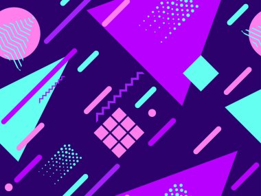 80 'lerin tarzında geometrik şekilli kusursuz Memphis deseni. 80 'ler promosyon ürünleri, ambalaj kağıdı ve baskı için renkli bir arkaplan basıyor. Vektör illüstrasyonu