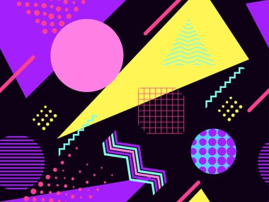 80 'lerin tarzında geometrik şekilli kusursuz Memphis deseni. 80 'ler promosyon ürünleri, ambalaj kağıdı ve baskı için renkli bir arkaplan basıyor. Vektör illüstrasyonu