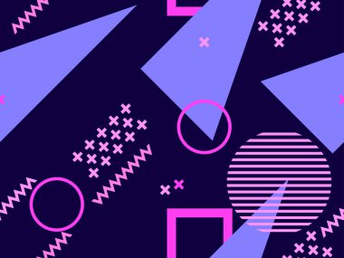 80 'lerin tarzında geometrik şekilli kusursuz Memphis deseni. 80 'ler promosyon ürünleri, ambalaj kağıdı ve baskı için renkli bir arkaplan basıyor. Vektör illüstrasyonu