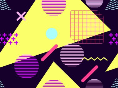 80 'lerin tarzında geometrik şekilli kusursuz Memphis deseni. 80 'ler promosyon ürünleri, ambalaj kağıdı ve baskı için renkli bir arkaplan basıyor. Vektör illüstrasyonu