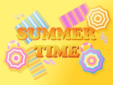 Yaz tabelası, plaj manzarası. Kumsalda şemsiye ve havlu. Vektör illüstrasyonu 