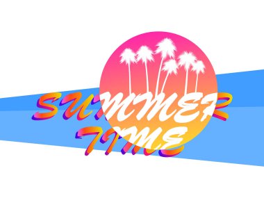 Beyaz arka planda güneş ve palmiye ağaçlı yaz tabelası. Vektör illüstrasyonu