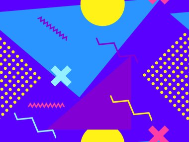 80 'lerin tarzında geometrik şekilli kusursuz Memphis deseni. 80 'ler promosyon ürünleri, ambalaj kağıdı ve baskı için renkli bir arkaplan basıyor. Vektör illüstrasyonu