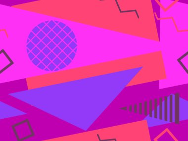 80 'lerin tarzında geometrik şekilli kusursuz Memphis deseni. 80 'ler promosyon ürünleri, ambalaj kağıdı ve baskı için renkli bir arkaplan basıyor. Vektör illüstrasyonu