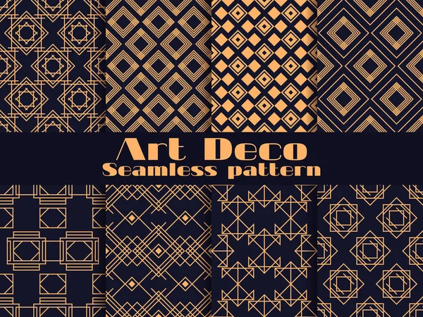 一套无缝图案的艺术装饰 复古背景 金色和黑色 20世纪20年代 30年代 线条和几何形状 矢量说明 — 图库矢量图片