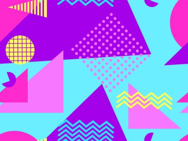 80 'lerin tarzında geometrik şekilli kusursuz Memphis deseni. 80 'ler promosyon ürünleri, ambalaj kağıdı ve baskı için renkli bir arkaplan basıyor. Vektör illüstrasyonu