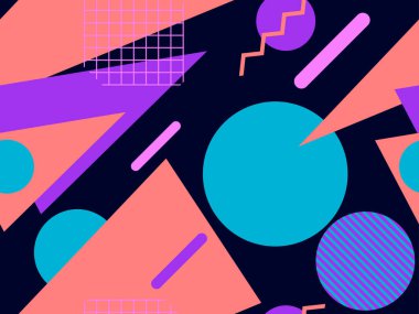 80 'lerin tarzında geometrik şekilli kusursuz Memphis deseni. 80 'ler promosyon ürünleri, ambalaj kağıdı ve baskı için renkli bir arkaplan basıyor. Vektör illüstrasyonu