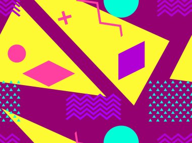 80 'lerin tarzında geometrik şekilli kusursuz Memphis deseni. 80 'ler promosyon ürünleri, ambalaj kağıdı ve baskı için renkli bir arkaplan basıyor. Vektör illüstrasyonu
