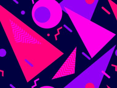 80 'lerin tarzında geometrik şekilli kusursuz Memphis deseni. 80 'ler promosyon ürünleri, ambalaj kağıdı ve baskı için renkli bir arkaplan basıyor. Vektör illüstrasyonu