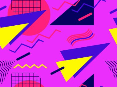 80 'lerin tarzında geometrik şekilli kusursuz Memphis deseni. 80 'ler promosyon ürünleri, ambalaj kağıdı ve baskı için renkli bir arkaplan basıyor. Vektör illüstrasyonu