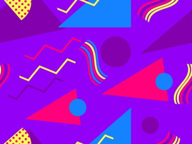 80 'lerin tarzında geometrik şekilli kusursuz Memphis deseni. 80 'ler promosyon ürünleri, ambalaj kağıdı ve baskı için renkli bir arkaplan basıyor. Vektör illüstrasyonu