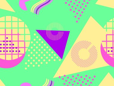 80 'lerin tarzında geometrik şekilli kusursuz Memphis deseni. 80 'ler promosyon ürünleri, ambalaj kağıdı ve baskı için renkli bir arkaplan basıyor. Vektör illüstrasyonu