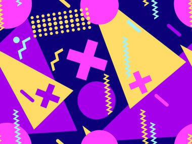 80 'lerin tarzında geometrik şekilli kusursuz Memphis deseni. 80 'ler promosyon ürünleri, ambalaj kağıdı ve baskı için renkli bir arkaplan basıyor. Vektör illüstrasyonu