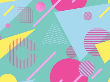 80 'lerin tarzında geometrik şekilli kusursuz Memphis deseni. 80 'ler promosyon ürünleri, ambalaj kağıdı ve baskı için renkli bir arkaplan basıyor. Vektör illüstrasyonu