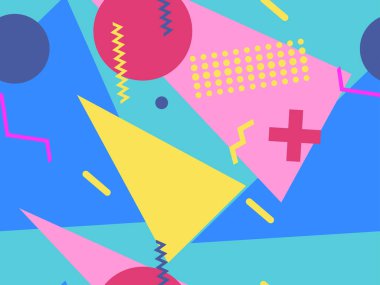 80 'lerin tarzında geometrik şekilli kusursuz Memphis deseni. 80 'ler promosyon ürünleri, ambalaj kağıdı ve baskı için renkli bir arkaplan basıyor. Vektör illüstrasyonu