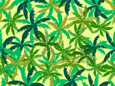 Palmiye yaprakları pürüzsüz. Tropik orman, egzotik arka plan. Reklamcılık, kartpostallar, afişler ve afişler için tipografi geçmişi. Vektör illüstrasyonu