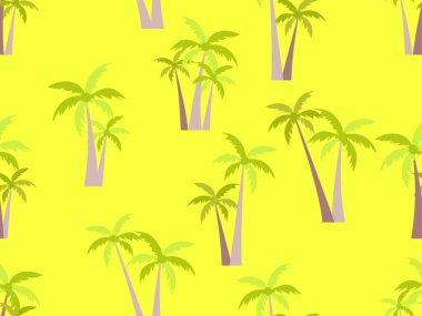 Sarı arka planda pürüzsüz palmiye ağaçları var. Tropik orman, egzotik arka plan reklamlar, kartpostallar, afişler ve afişler. Vektör illüstrasyonu