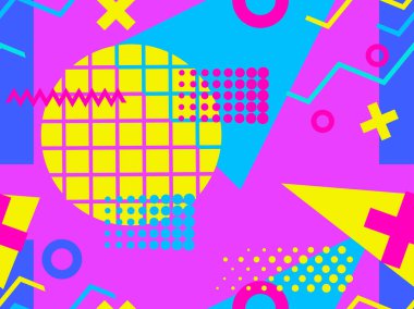 80 'lerin tarzında geometrik şekilli kusursuz Memphis deseni. Promosyon ürünleri, ambalaj kağıdı ve baskı için çok renkli üçgenler, daireler ve zikzaklar. Vektör illüstrasyonu